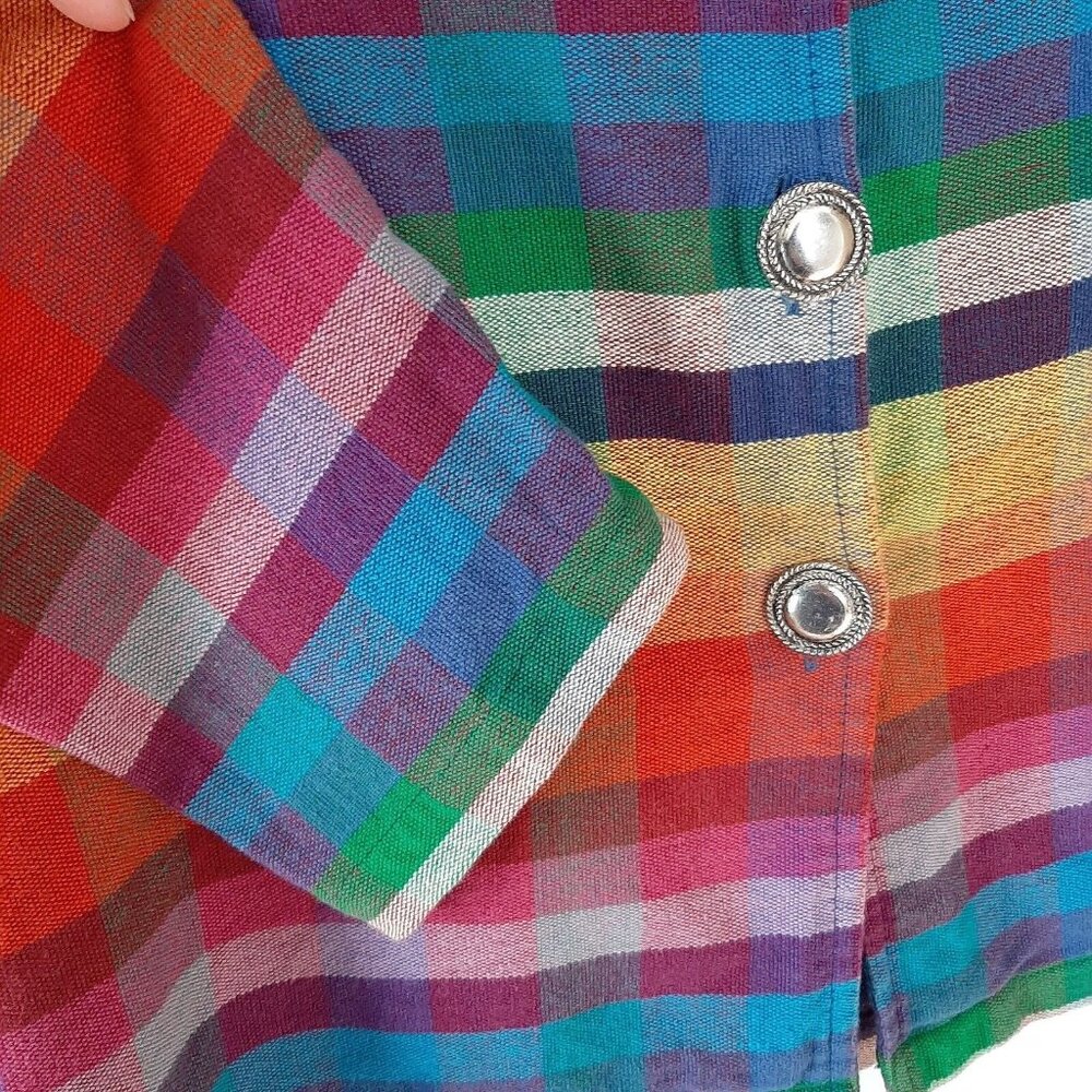Vtg Rainbow 90s Plaid Check Woven Cotton Jacket Button Down Coat M